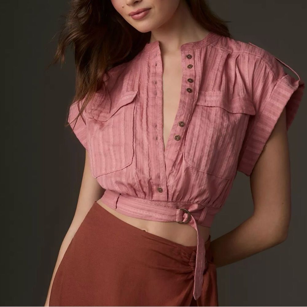 Anthropologie Short Sleeve Cinch Safari Top in Pink Size S